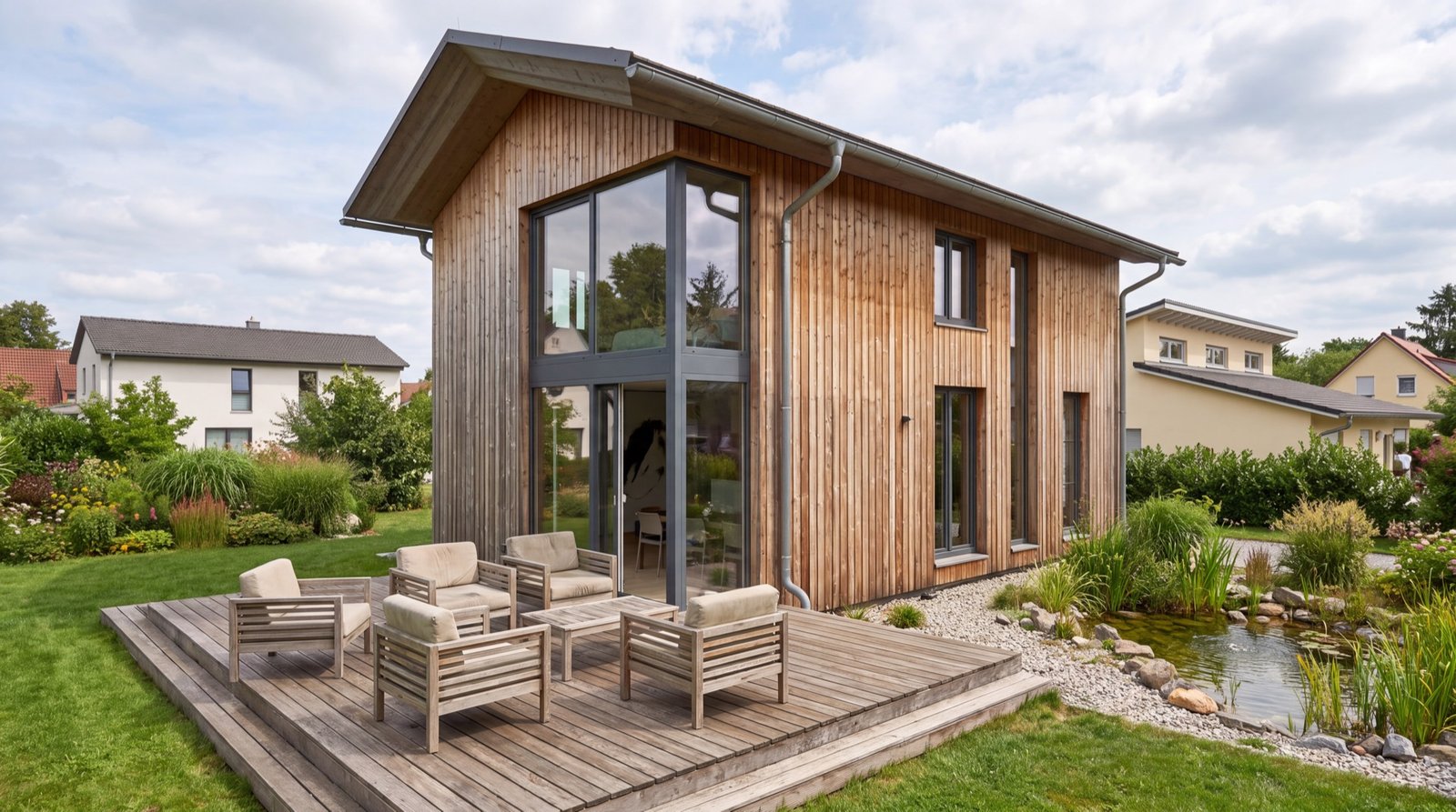 Holzhaus mit raumhoher Verglasung und Terrasse